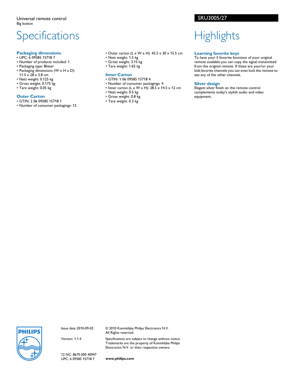 Specifications, Highlights | Philips SRU3005 User Manual | Page 2 / 2