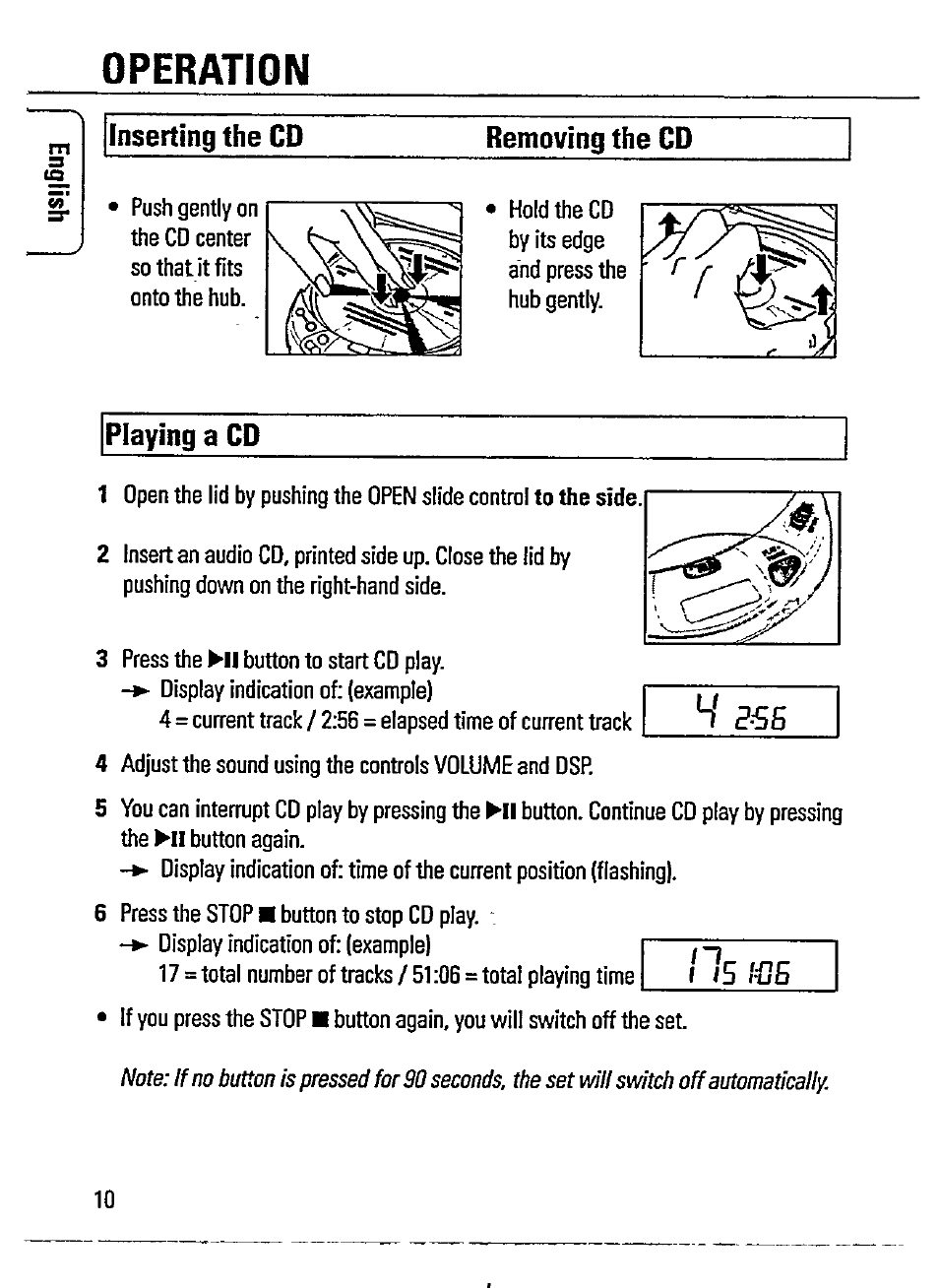 Inserting the cd, Removing the cd, Playing a cd | Operation m, H s6s, Ffls | Philips AZ 7566 User Manual | Page 10 / 20