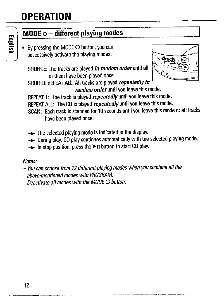 Mode o - different playing modes, Operation | Philips AZ 7566 User Manual | Page 12 / 20