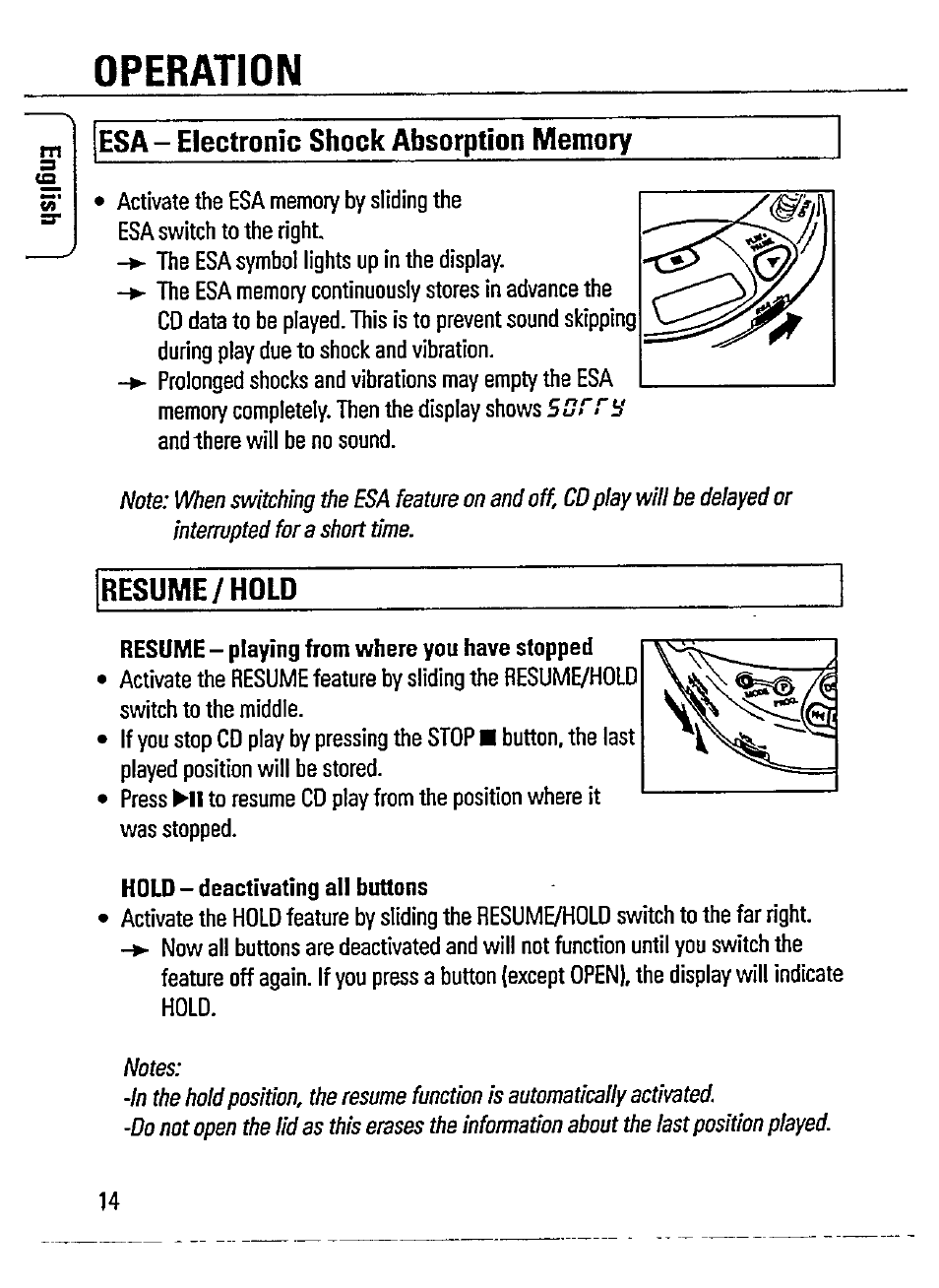 Operation, Resume/hold | Philips AZ 7566 User Manual | Page 14 / 20