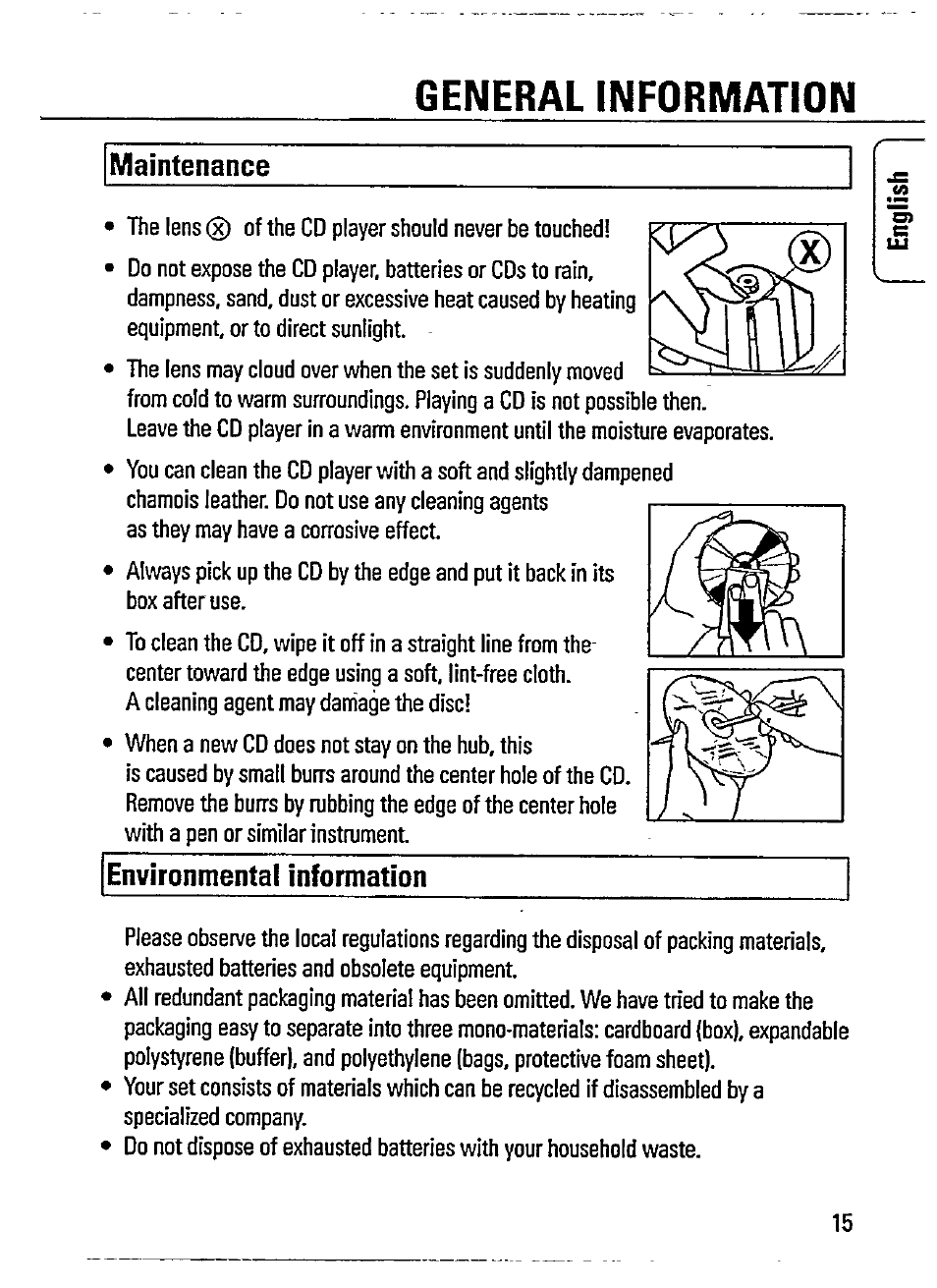 Maintenance, Environmental information, General information | Philips AZ 7566 User Manual | Page 15 / 20