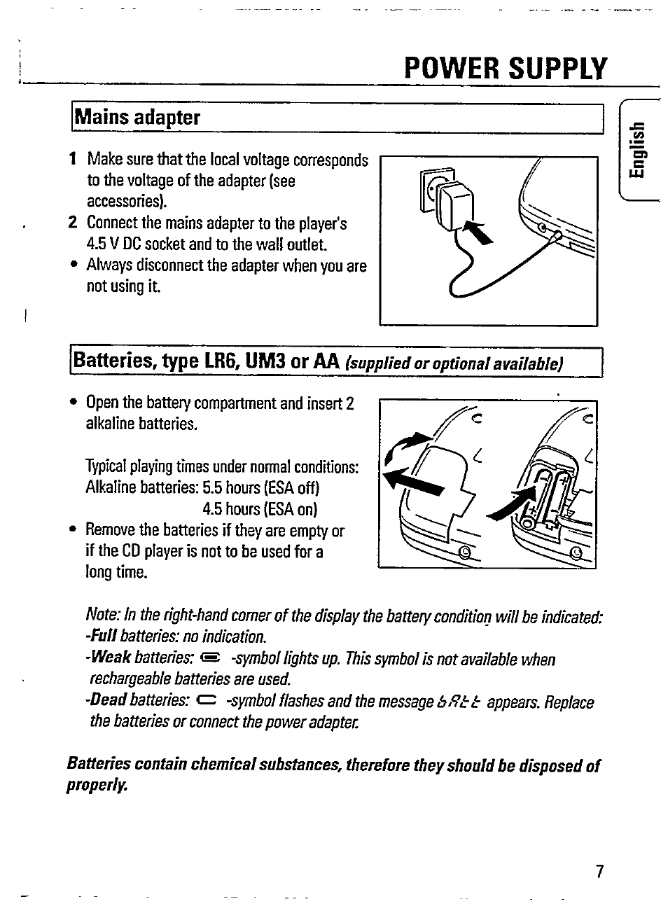 Mains adapter, Power supply, Batteries, type lr6, um3 or aa | Philips AZ 7566 User Manual | Page 7 / 20