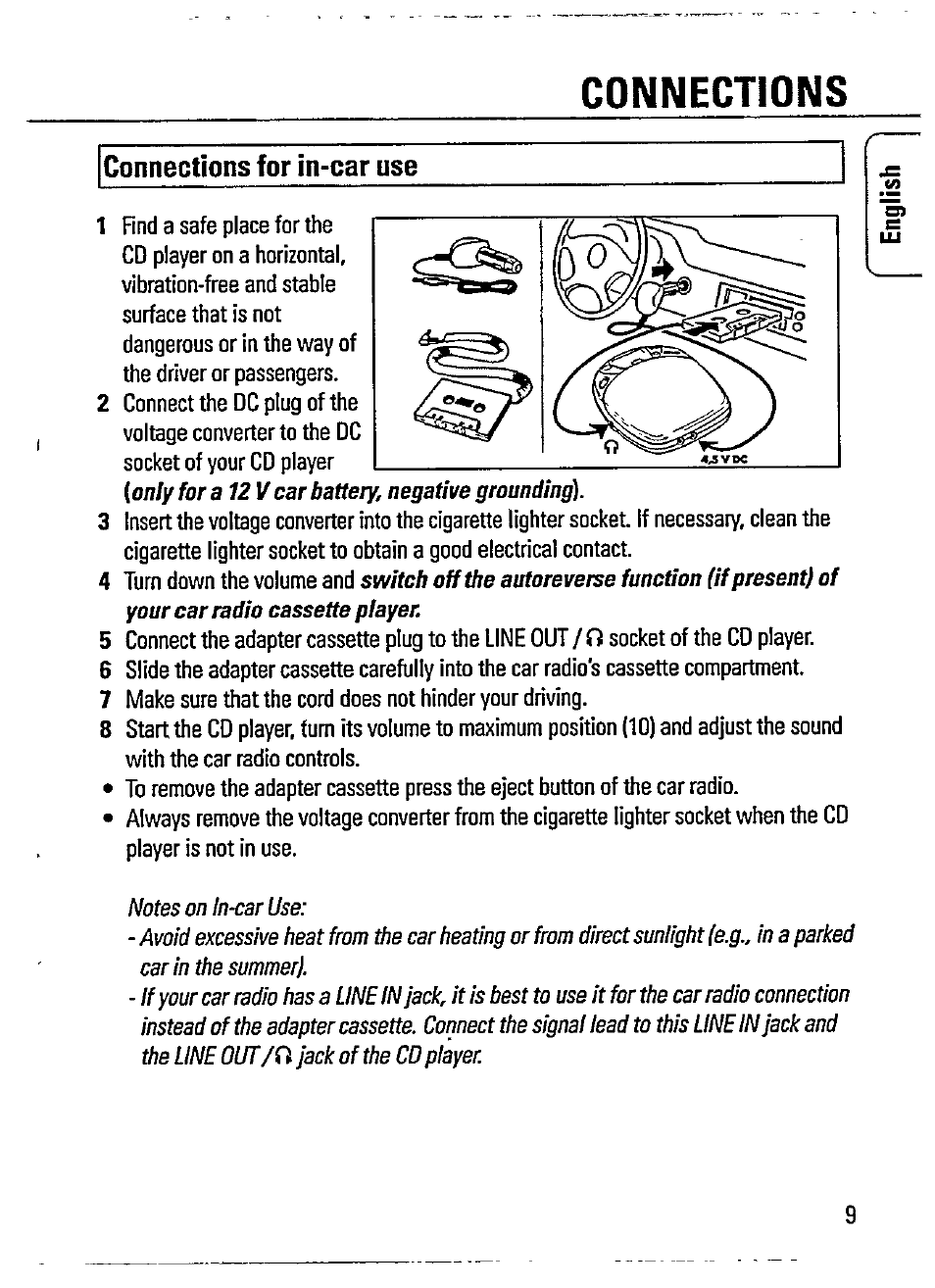 Connections, Connections for in-car use | Philips AZ 7566 User Manual | Page 9 / 20