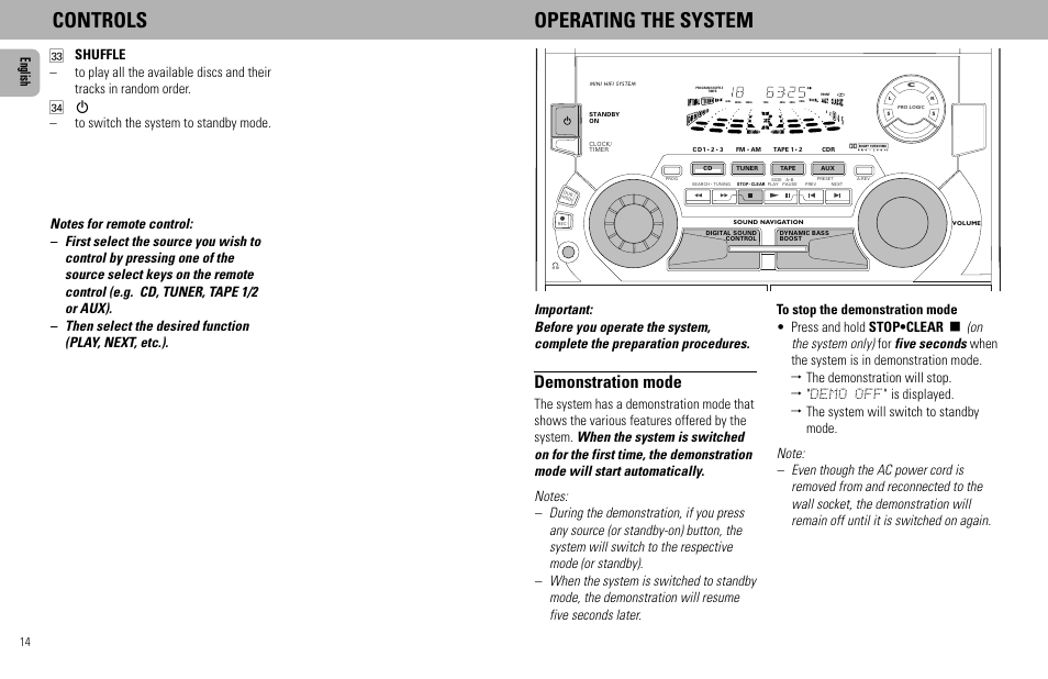Controls operating the system, Demonstration mode | Philips - FW768P User Manual | Page 14 / 31