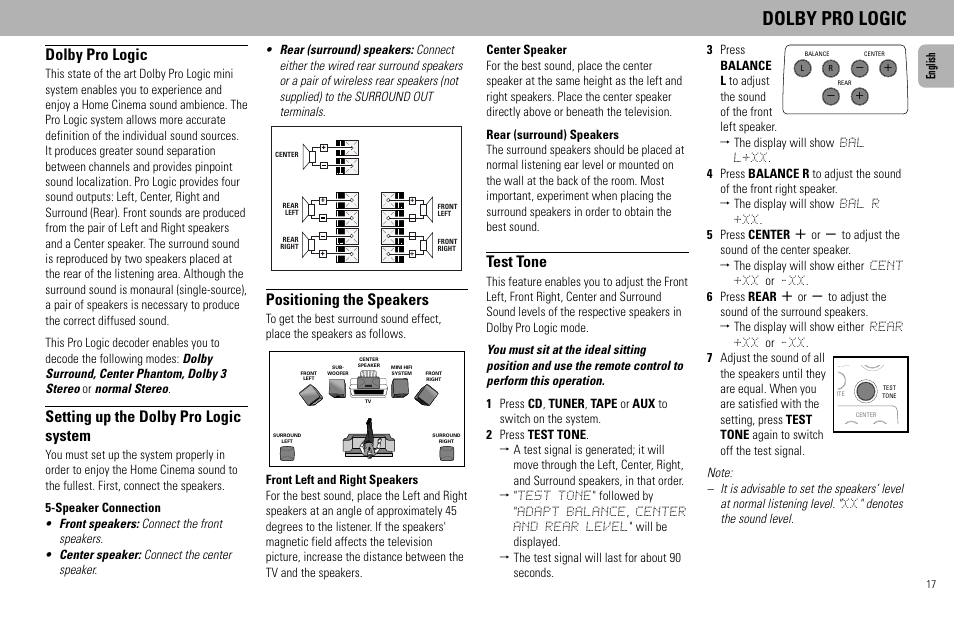 Dolby pro logic, Setting up the dolby pro logic system, Positioning the speakers | Test tone | Philips - FW768P User Manual | Page 17 / 31