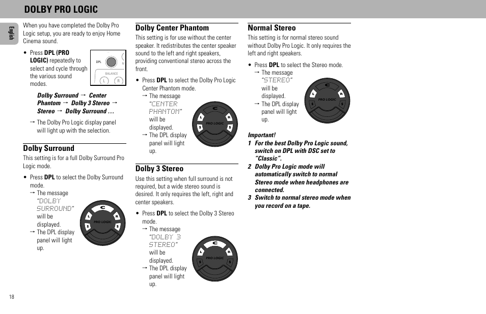 Dolby pro logic, Dolby surround, Dolby center phantom | Dolby 3 stereo, Normal stereo | Philips - FW768P User Manual | Page 18 / 31