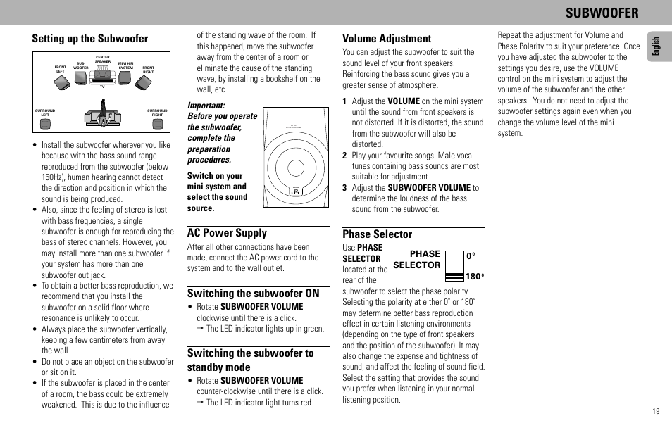 Subwoofer, Setting up the subwoofer, Ac power supply | Switching the subwoofer on, Switching the subwoofer to standby mode, Volume adjustment, Phase selector | Philips - FW768P User Manual | Page 19 / 31