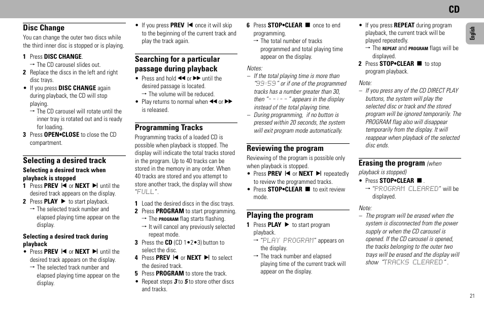 Disc change, Selecting a desired track, Searching for a particular passage during playback | Programming tracks, Erasing the program, Reviewing the program, Playing the program | Philips - FW768P User Manual | Page 21 / 31