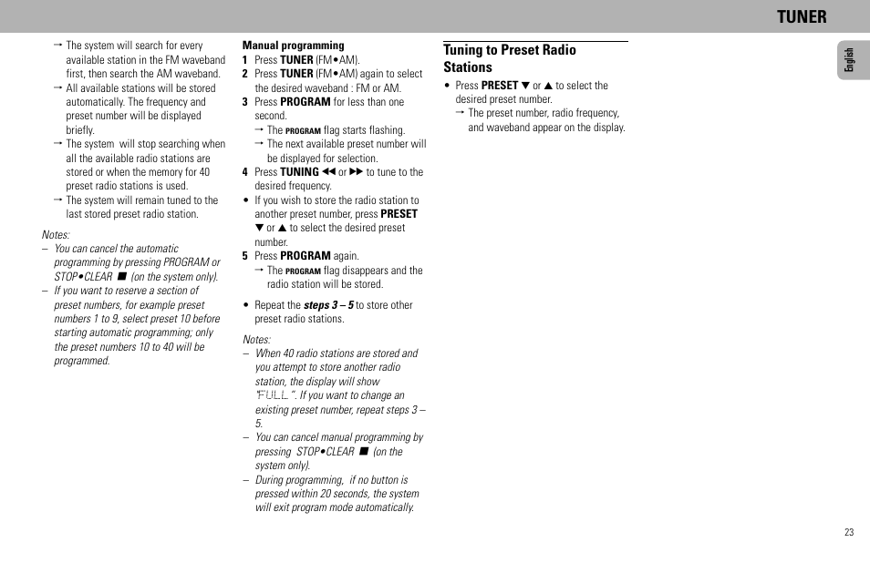 Tuner, Tuning to preset radio stations | Philips - FW768P User Manual | Page 23 / 31