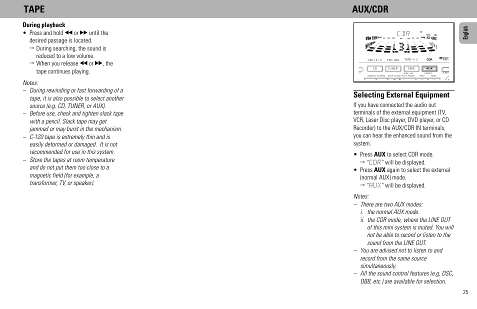 Tape aux/cdr, Selecting external equipment, English | Philips - FW768P User Manual | Page 25 / 31