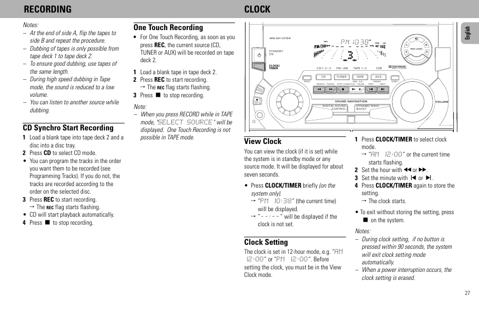 Recording clock, Cd synchro start recording, One touch recording | View clock, Clock setting | Philips - FW768P User Manual | Page 27 / 31