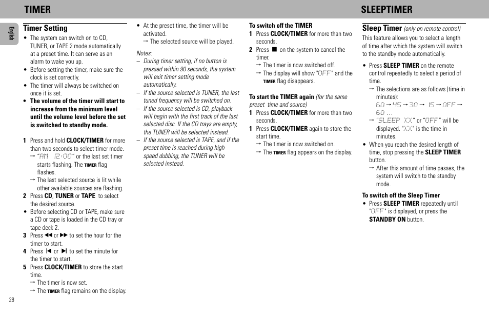 Timer sleeptimer, Timer setting, Sleep timer | Philips - FW768P User Manual | Page 28 / 31