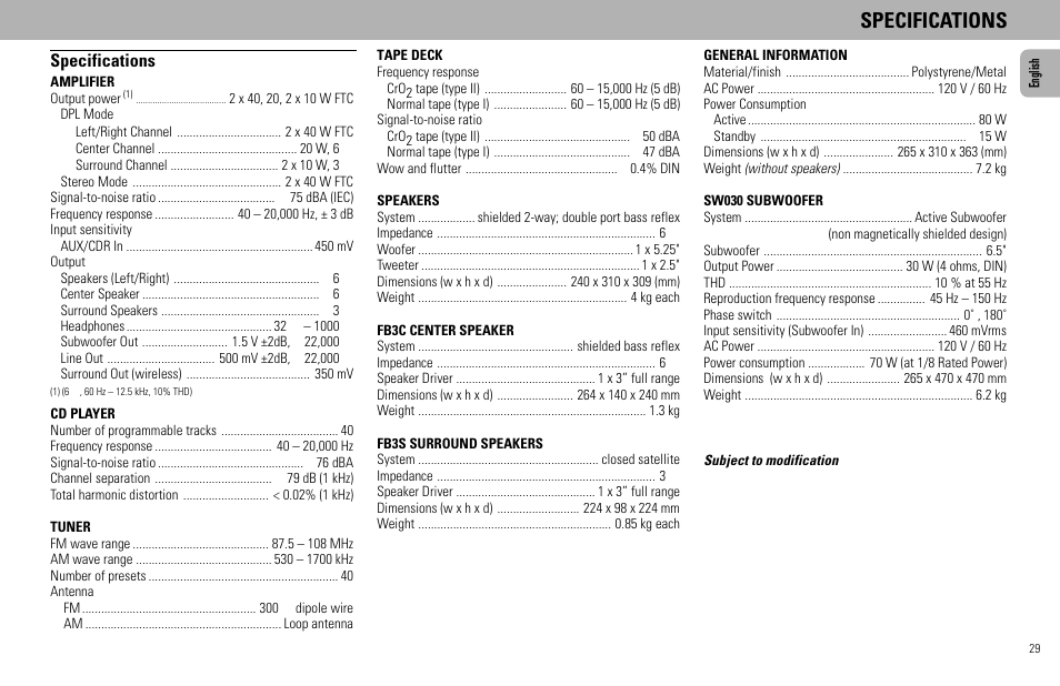 Specifications | Philips - FW768P User Manual | Page 29 / 31