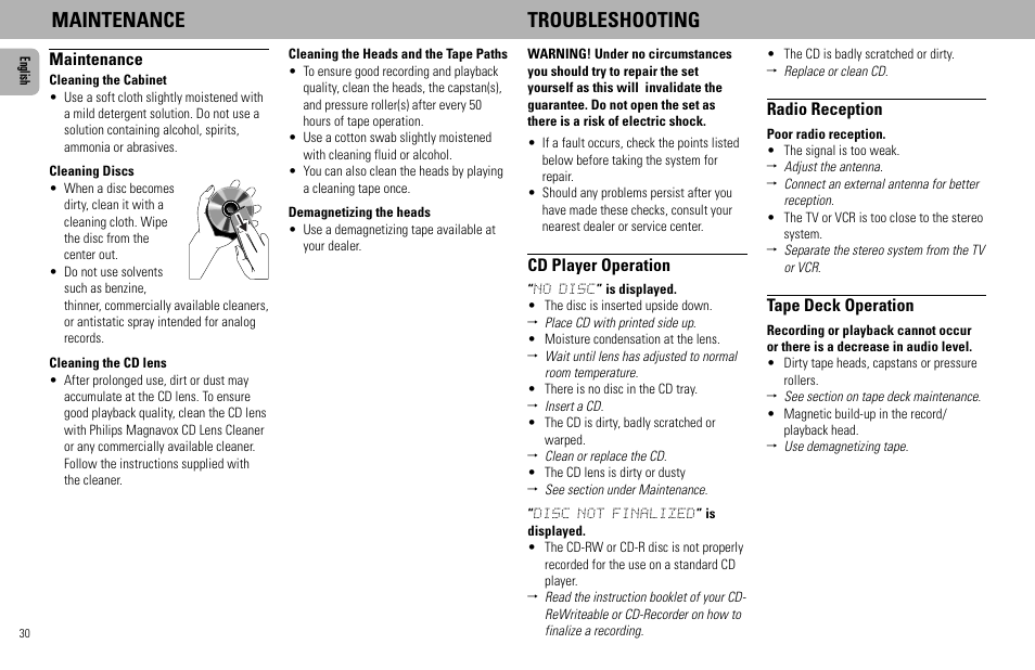 Maintenance troubleshooting, Maintenance, Radio reception | Tape deck operation, Cd player operation | Philips - FW768P User Manual | Page 30 / 31
