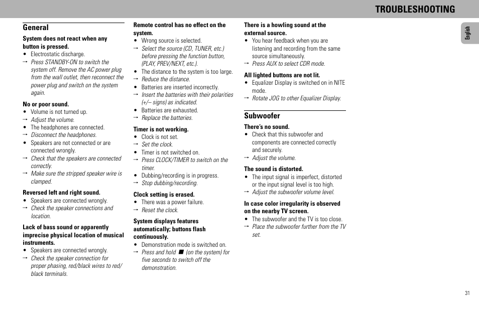 Troubleshooting, General, Subwoofer | Philips - FW768P User Manual | Page 31 / 31