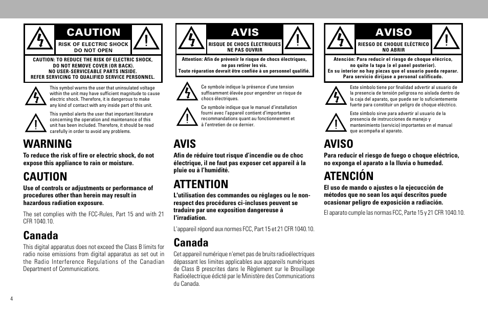 Warning, Canada, Attention | Atención, Caution, Avis, Aviso | Philips - FW768P User Manual | Page 4 / 31