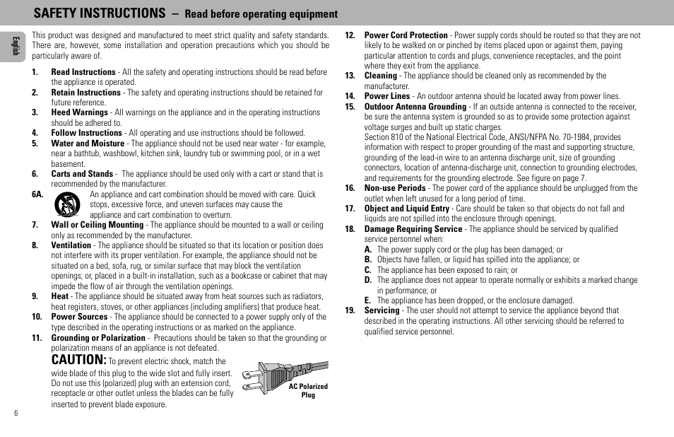 Safety instructions, Caution, Read before operating equipment | Philips - FW768P User Manual | Page 6 / 31