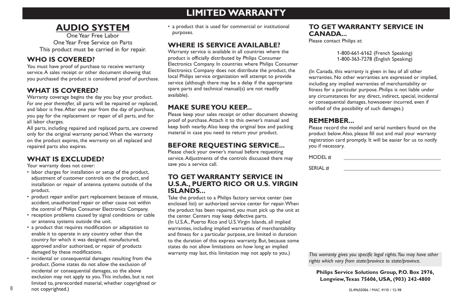 Limited warranty, Audio system | Philips - FW768P User Manual | Page 8 / 31