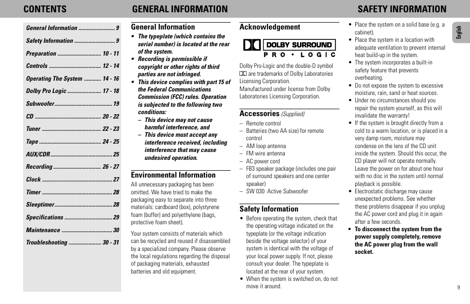 Contents general information safety information | Philips - FW768P User Manual | Page 9 / 31