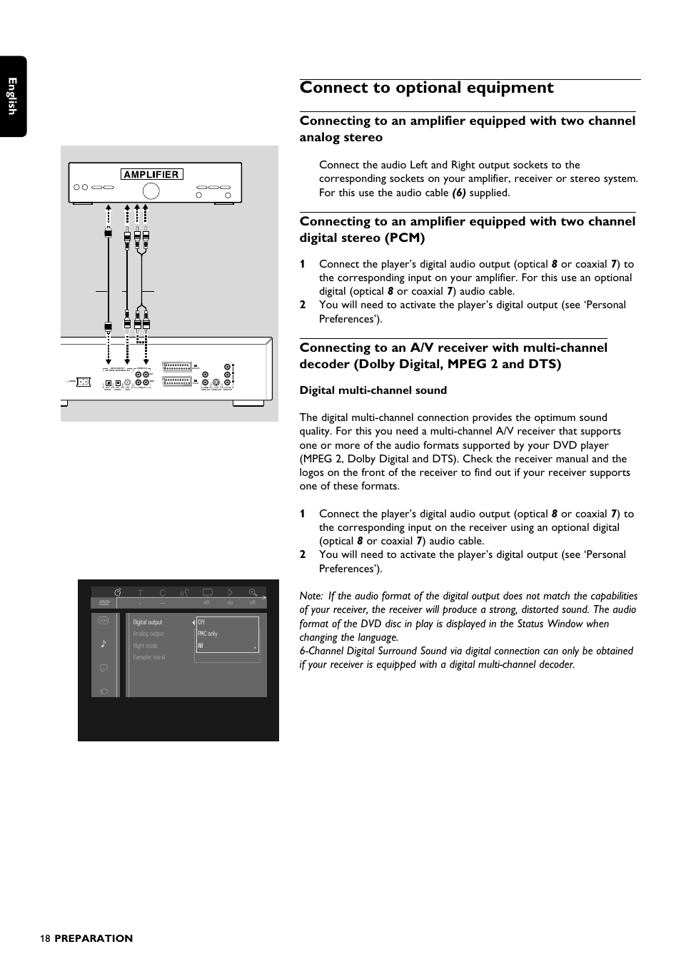 Connect to optional equipment, English, 18 preparation | Philips DVD1010 User Manual | Page 16 / 41