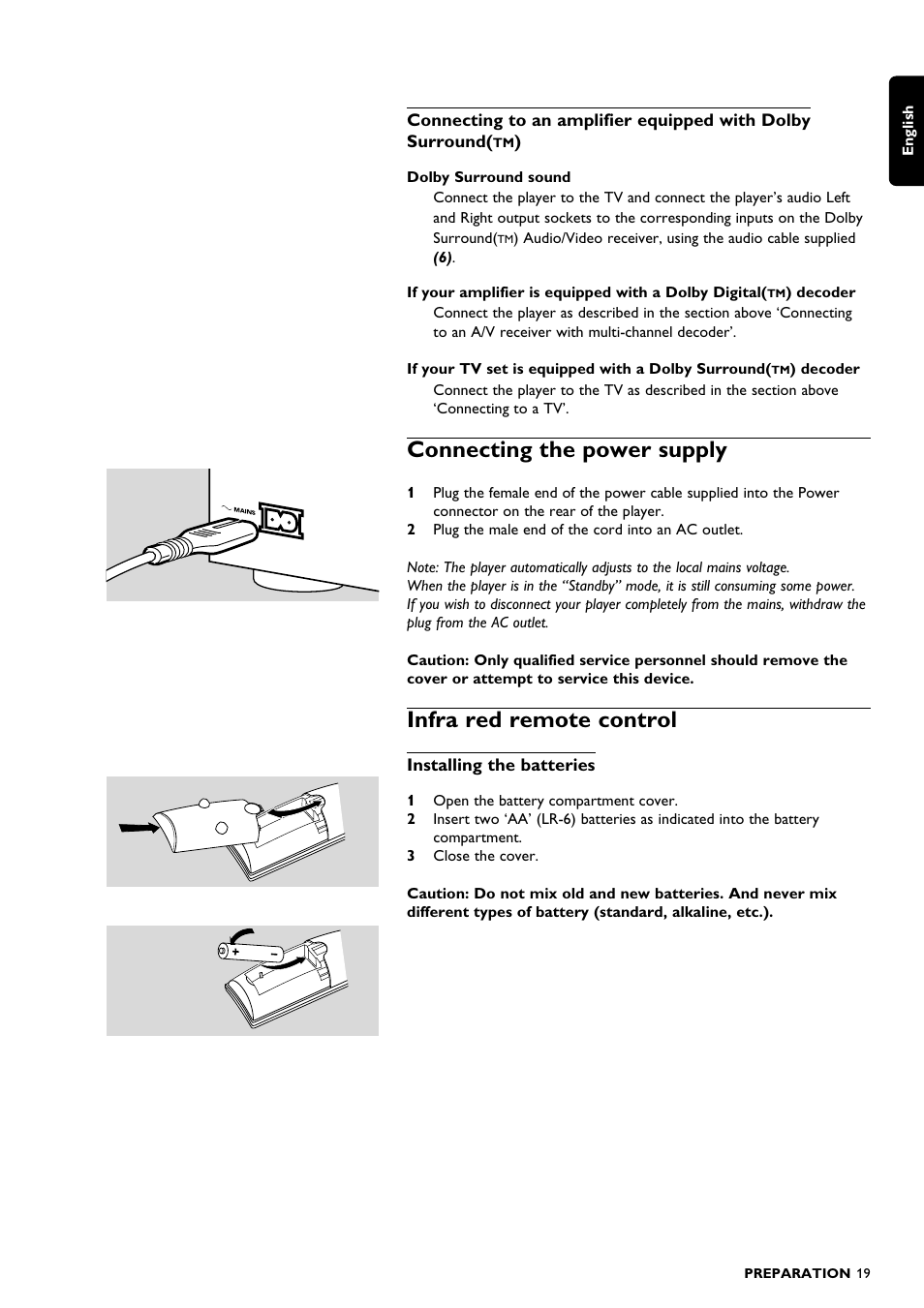 Connecting the power supply, Infra red remote control | Philips DVD1010 User Manual | Page 17 / 41