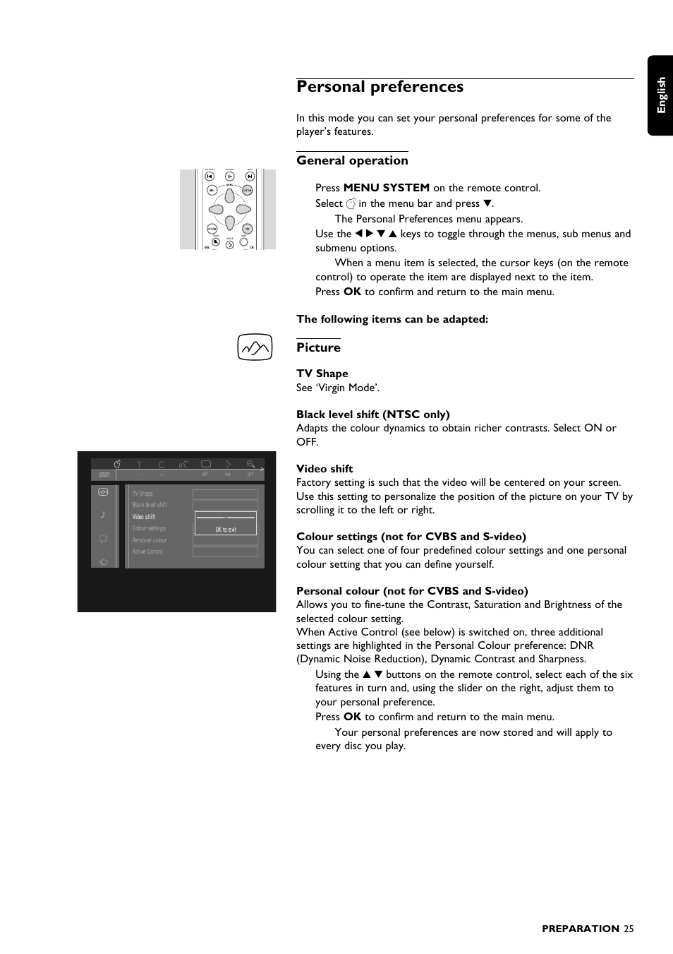 Personal preferences, General operation, Picture | English | Philips DVD1010 User Manual | Page 23 / 41