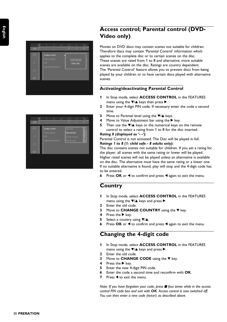 Access control; parental control (dvd- video only), Country, Changing the 4-digit code | Activating/deactivating parental control | Philips DVD1010 User Manual | Page 28 / 41