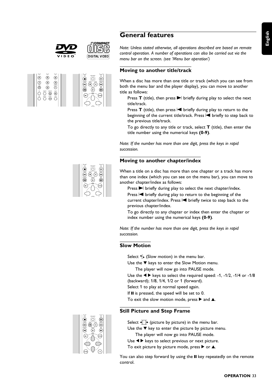 General features, Moving to another title/track, Moving to another chapter/index | Slow motion, Still picture and step frame, English, Operation 33 | Philips DVD1010 User Manual | Page 31 / 41