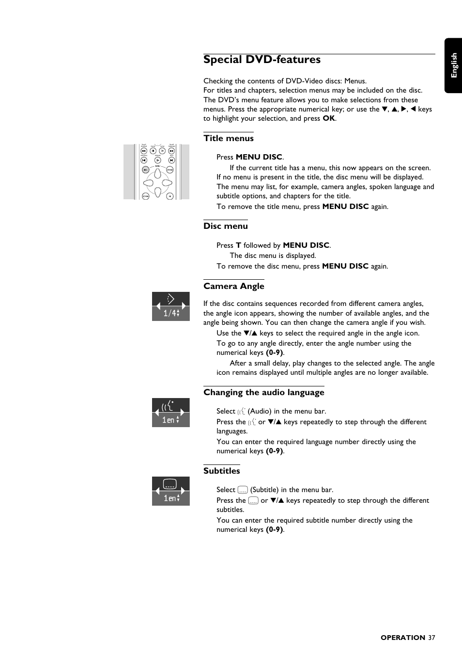 Special dvd-features, Title menus, Disc menu | Camera angle, Changing the audio language, Subtitles | Philips DVD1010 User Manual | Page 35 / 41