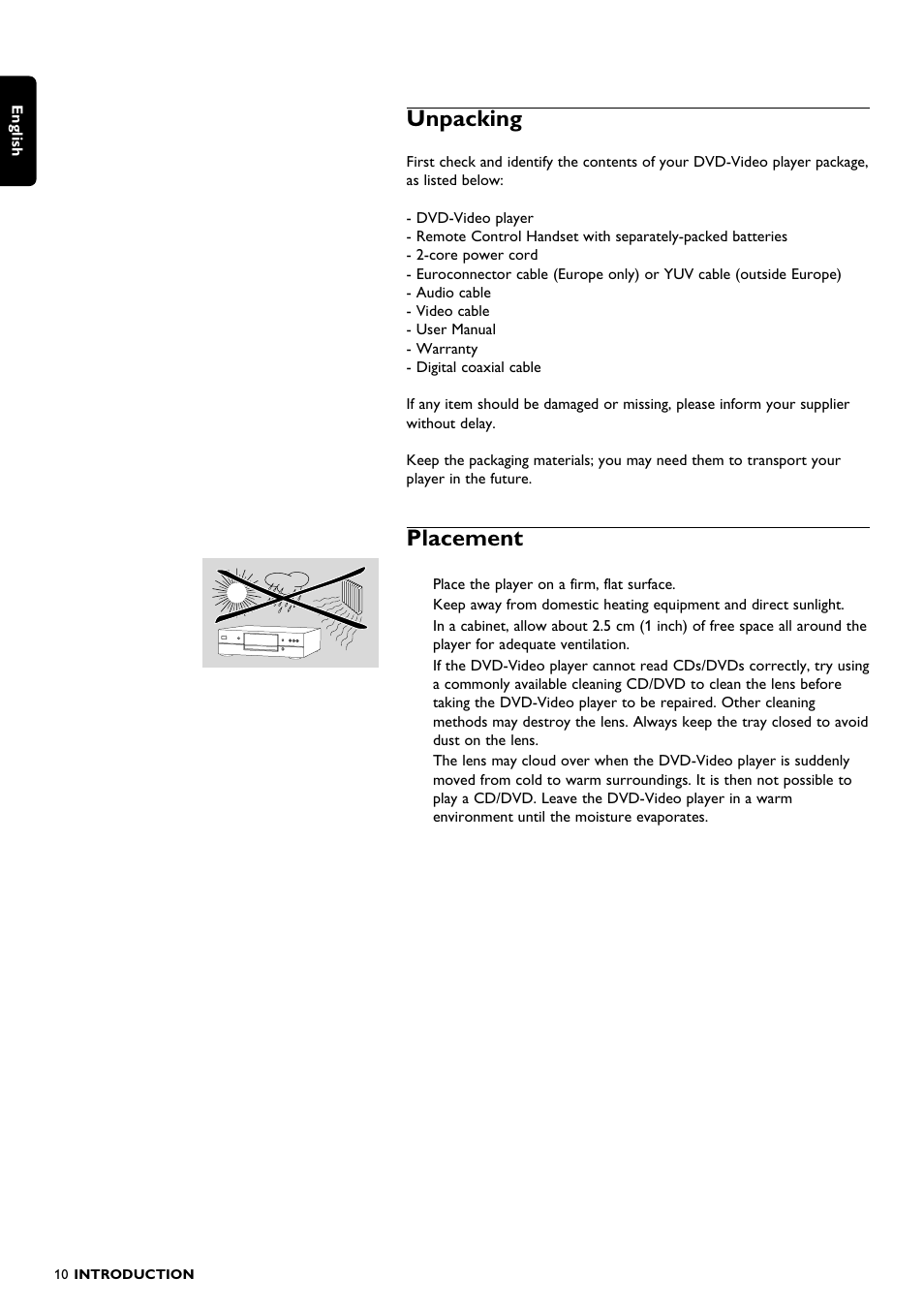 Unpacking, Placement | Philips DVD1010 User Manual | Page 8 / 41