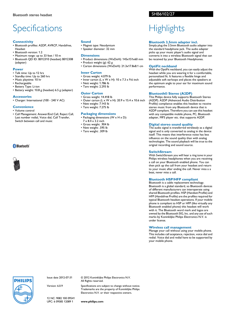 Specifications, Highlights | Philips SHB6102 User Manual | Page 2 / 2