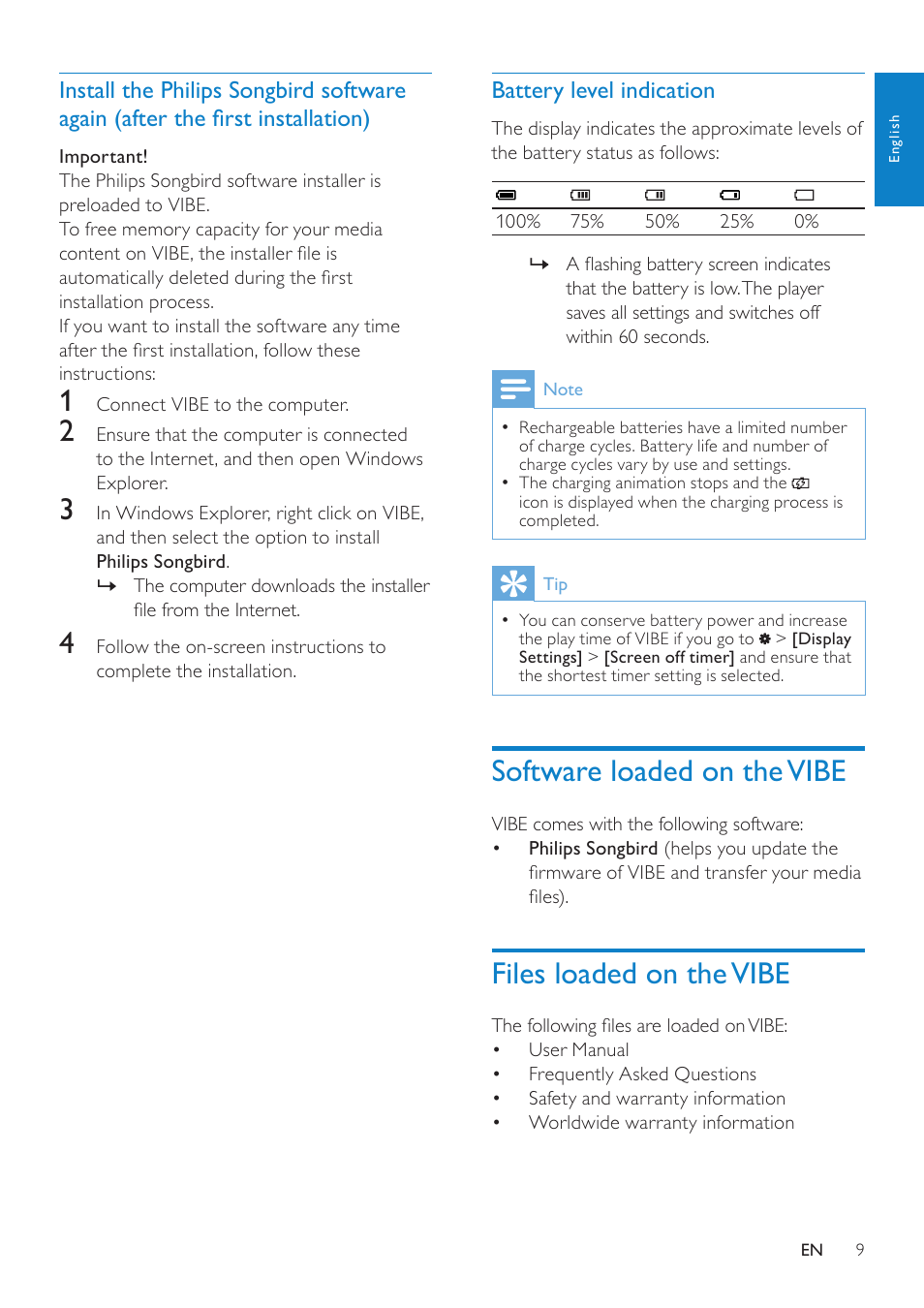 Software loaded on the vibe, Files loaded on the vibe, Battery level indication | Philips wk10295 User Manual | Page 10 / 29