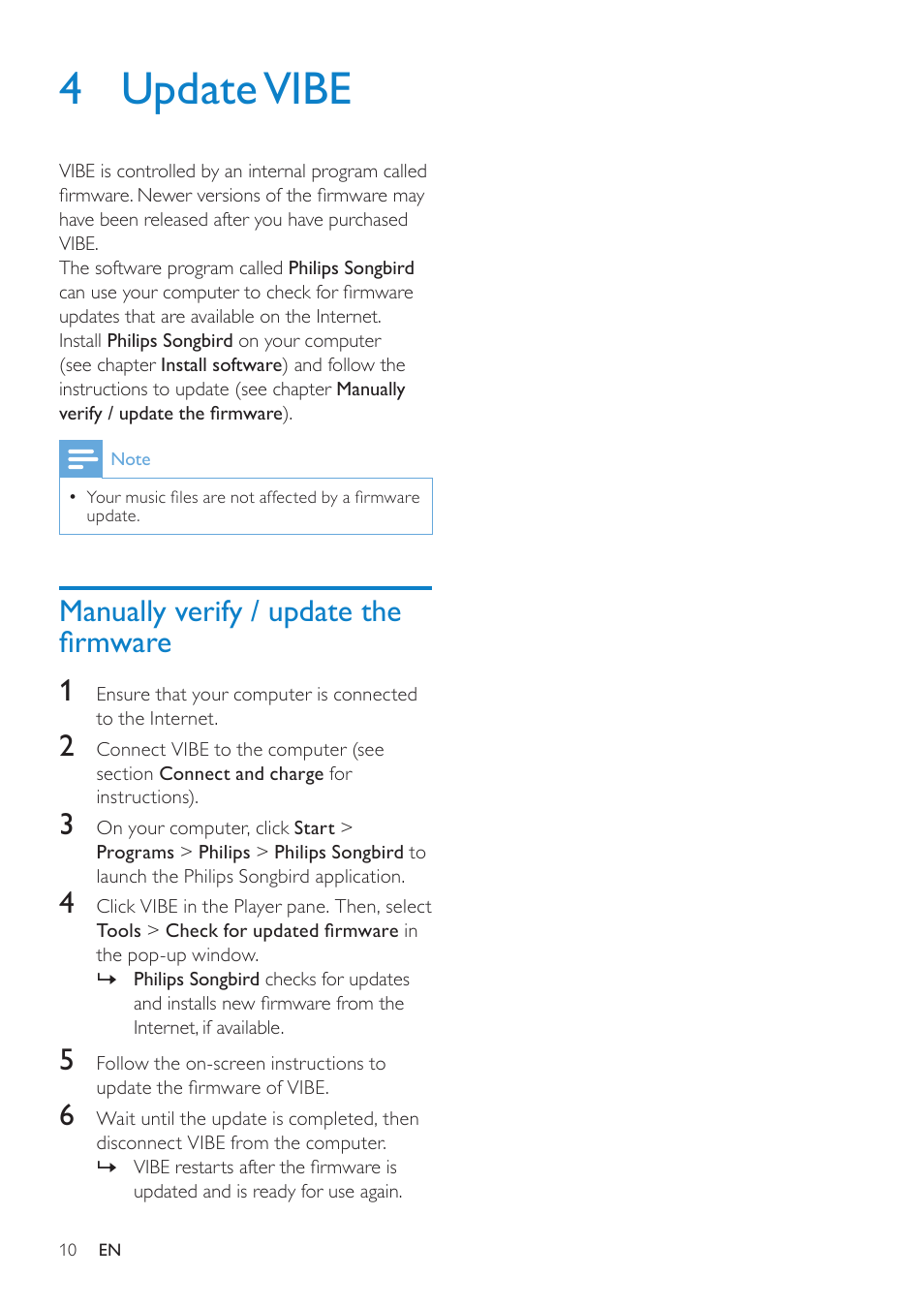 4 update vibe, Manually verify / update the firmware, Manually verify / update the firmware 10 | Manually verify / update the firmware 1 | Philips wk10295 User Manual | Page 11 / 29