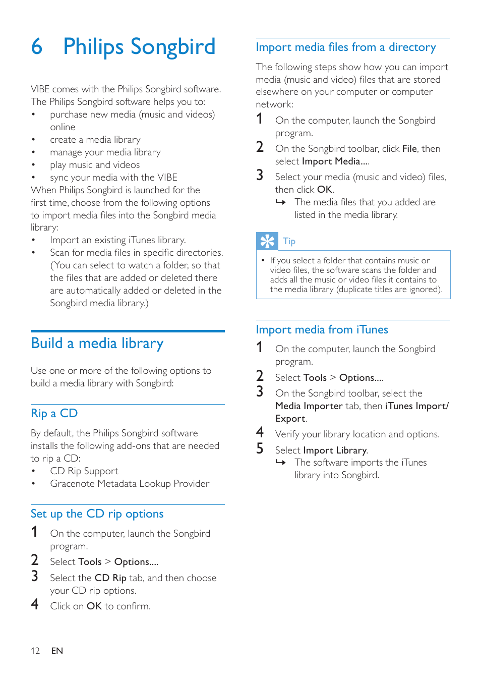 6 philips songbird, Build a media library | Philips wk10295 User Manual | Page 13 / 29