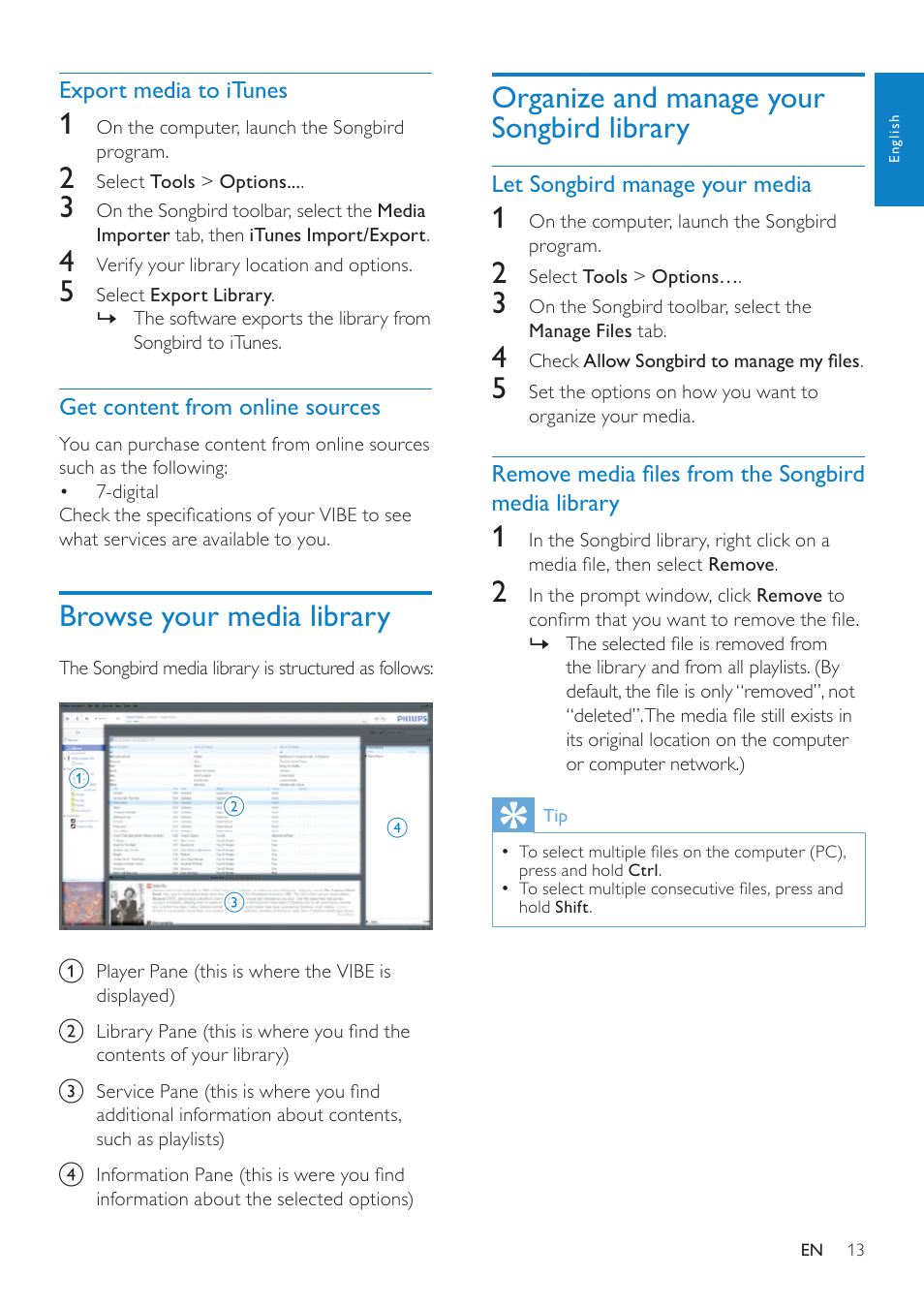 Browse your media library, Organize and manage your songbird library, Organize and manage your songbird | Library | Philips wk10295 User Manual | Page 14 / 29