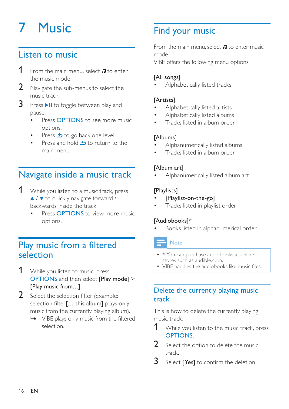 7 music, Listen to music, Navigate inside a music track | Play music from a filtered selection, Find your music, Listen to music 1, Navigate inside a music track 1, Play music from a filtered selection 1 | Philips wk10295 User Manual | Page 17 / 29