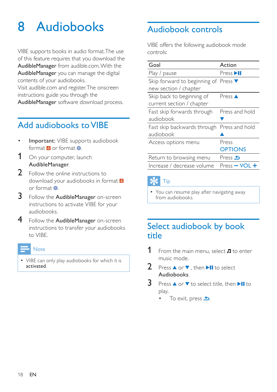 8 audiobooks, Add audiobooks to vibe, Audiobook controls | Select audiobook by book title, Select audiobook by book title 1 | Philips wk10295 User Manual | Page 19 / 29