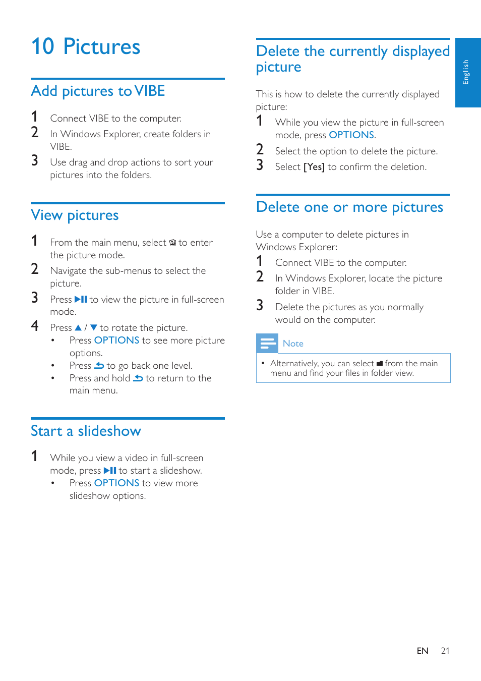 10 pictures, Add pictures to vibe, View pictures | Start a slideshow, Delete the currently displayed picture, Delete one or more pictures, Delete the currently displayed picture 21, Add pictures to vibe 1, View pictures 1, Start a slideshow 1 | Philips wk10295 User Manual | Page 22 / 29