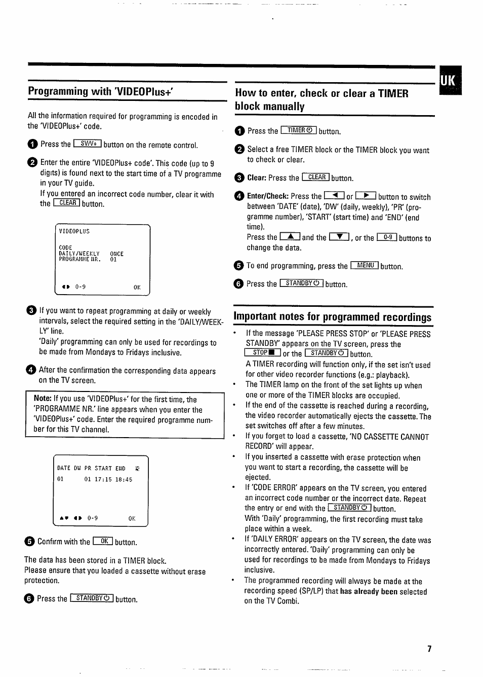 Programming with 'videopius, Important notes for programmed recordings, Programming with'videopius | Philips 20PV 184 User Manual | Page 11 / 16
