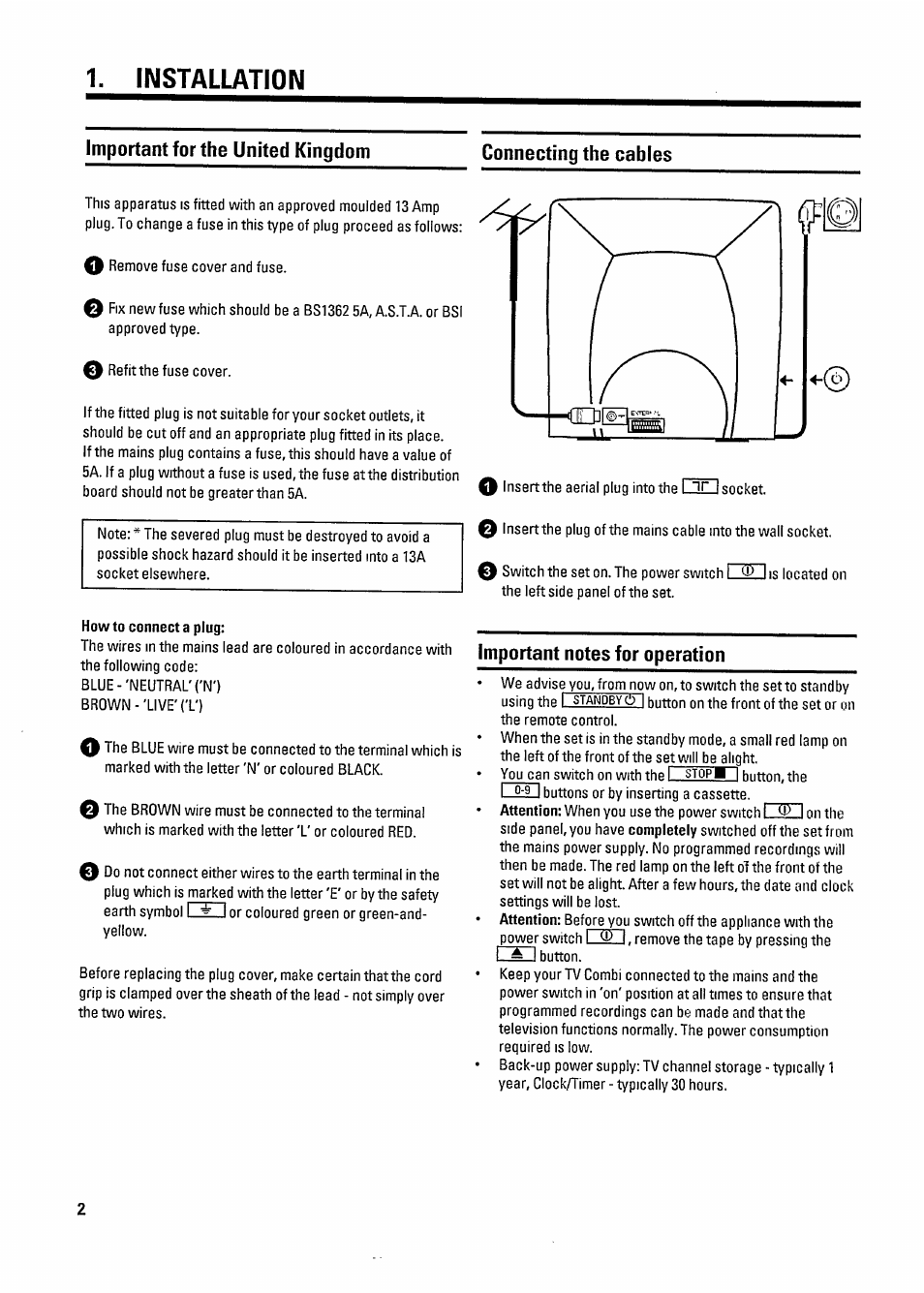 Installation, Important for the united kingdom, Important notes for operation | Philips 20PV 184 User Manual | Page 6 / 16