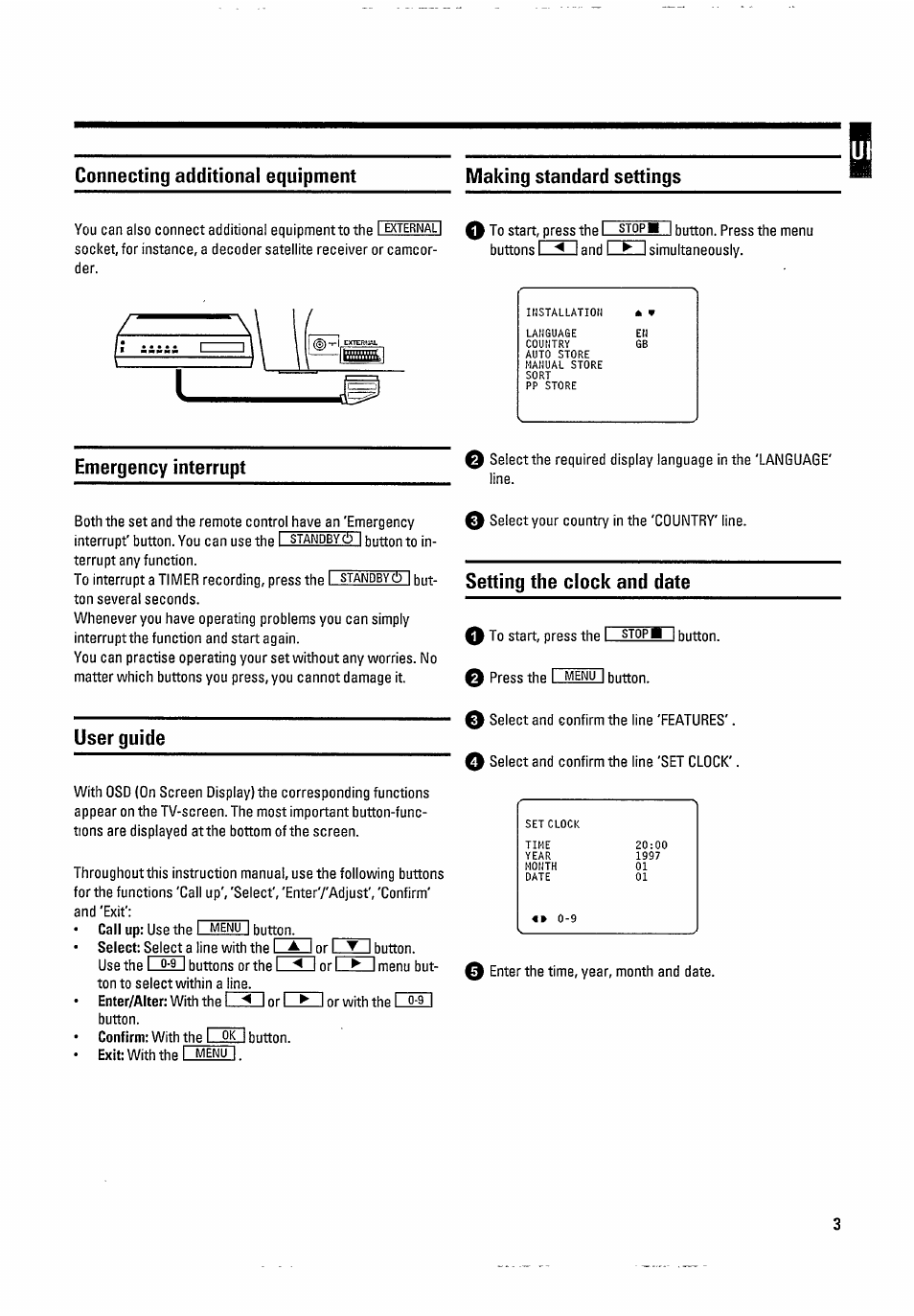 Connecting additional equipment, Emergency interrupt, User guide | Setting the clock and date | Philips 20PV 184 User Manual | Page 7 / 16