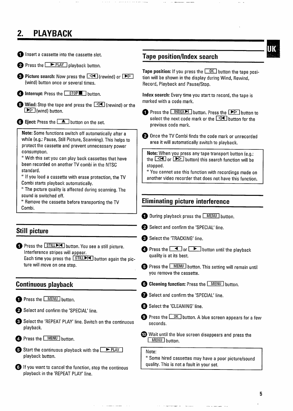 Playback, Continuous playback, Tape position/index search | Eliminating picture interference | Philips 20PV 184 User Manual | Page 9 / 16