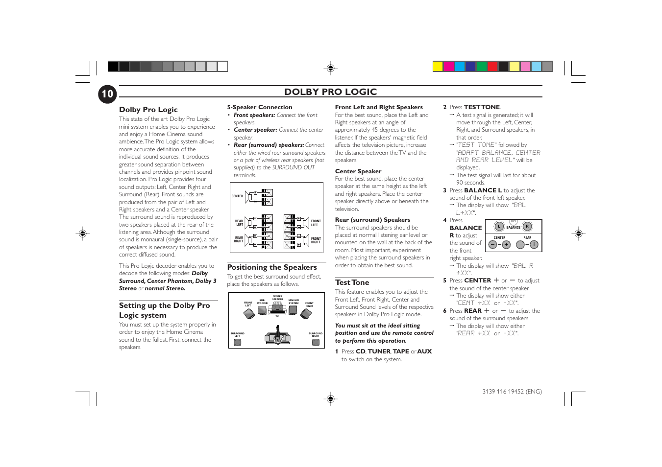 Dolby pro logic, Setting up the dolby pro logic system, Positioning the speakers | Test tone | Philips FW-P78 User Manual | Page 10 / 31