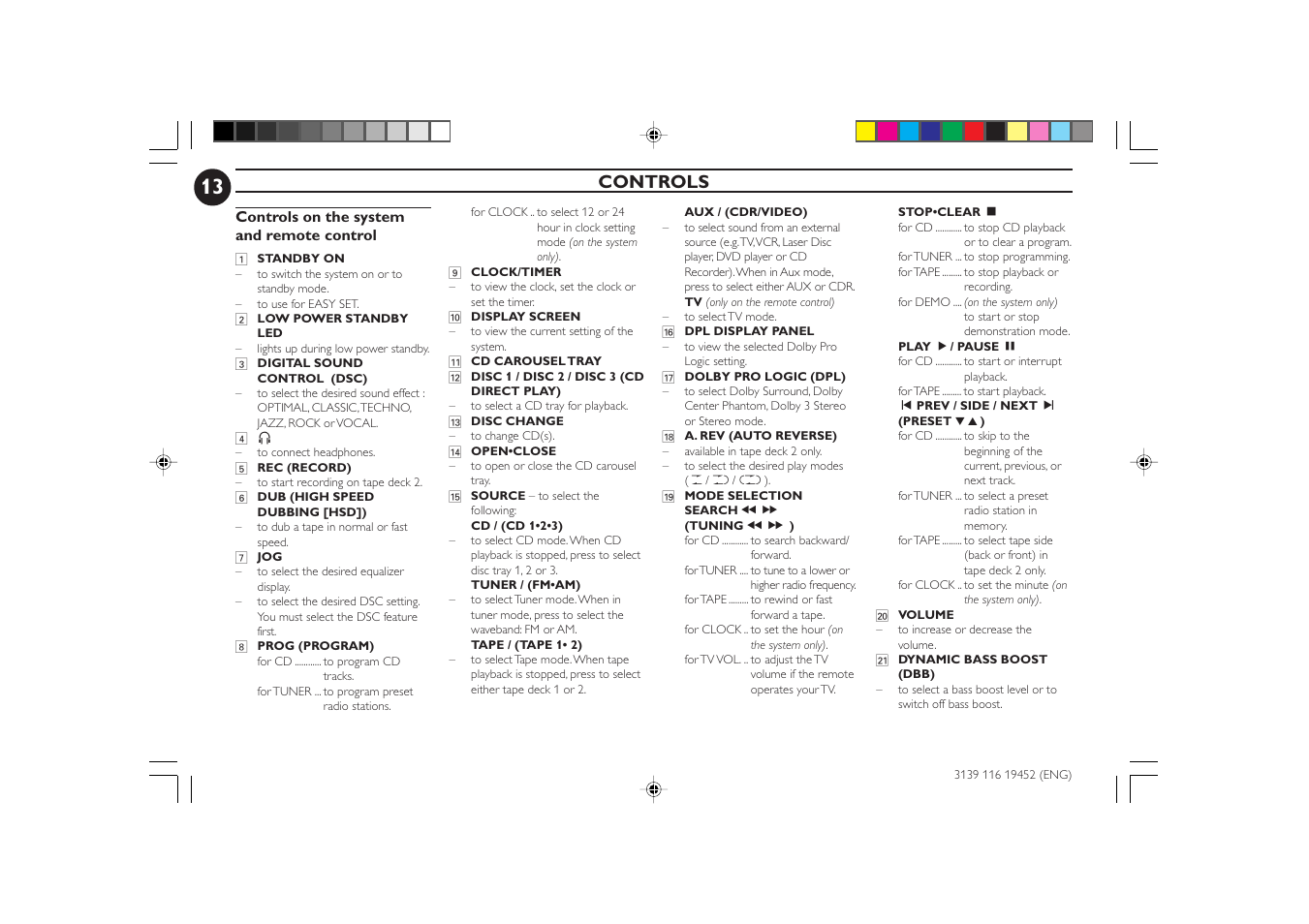 Controls | Philips FW-P78 User Manual | Page 13 / 31