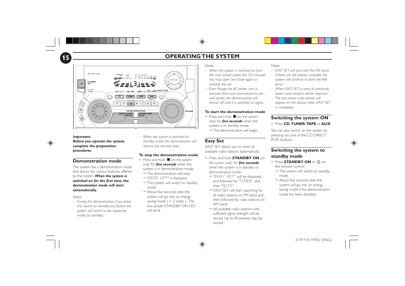 Operating the system, Easy set, Switching the system on | Switching the system to standby mode, Demonstration mode | Philips FW-P78 User Manual | Page 15 / 31