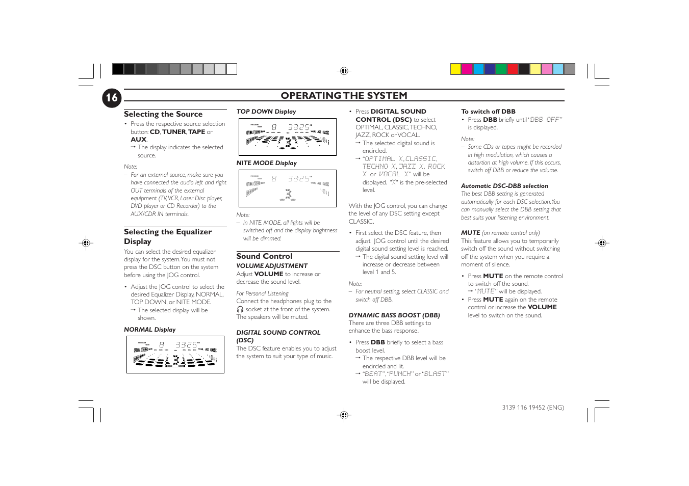 Operating the system, Selecting the source, Selecting the equalizer display | Sound control | Philips FW-P78 User Manual | Page 16 / 31
