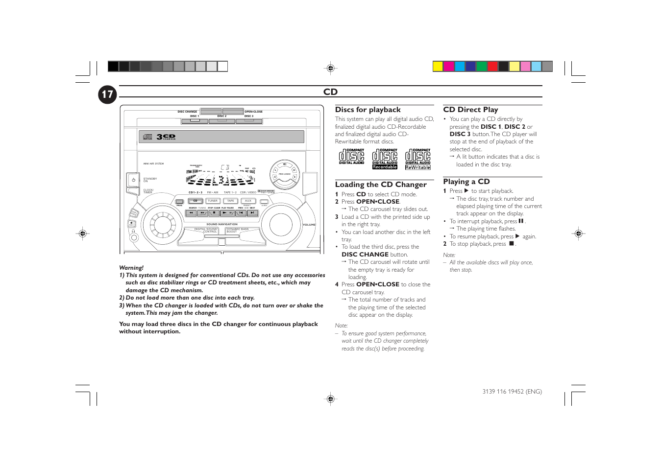 Discs for playback, Loading the cd changer, Cd direct play | Playing a cd | Philips FW-P78 User Manual | Page 17 / 31
