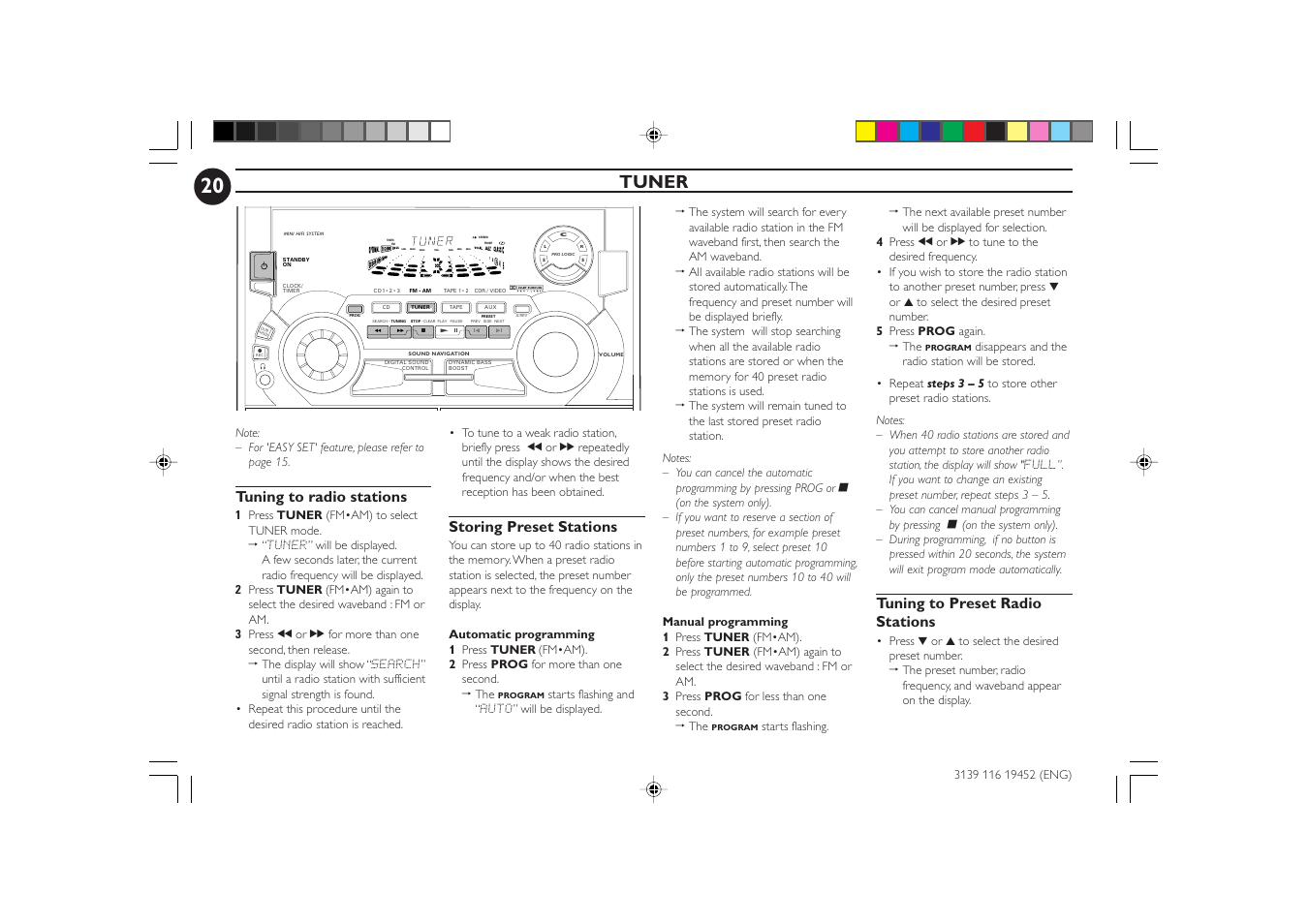 Tuner, Storing preset stations, Tuning to radio stations | Tuning to preset radio stations | Philips FW-P78 User Manual | Page 20 / 31