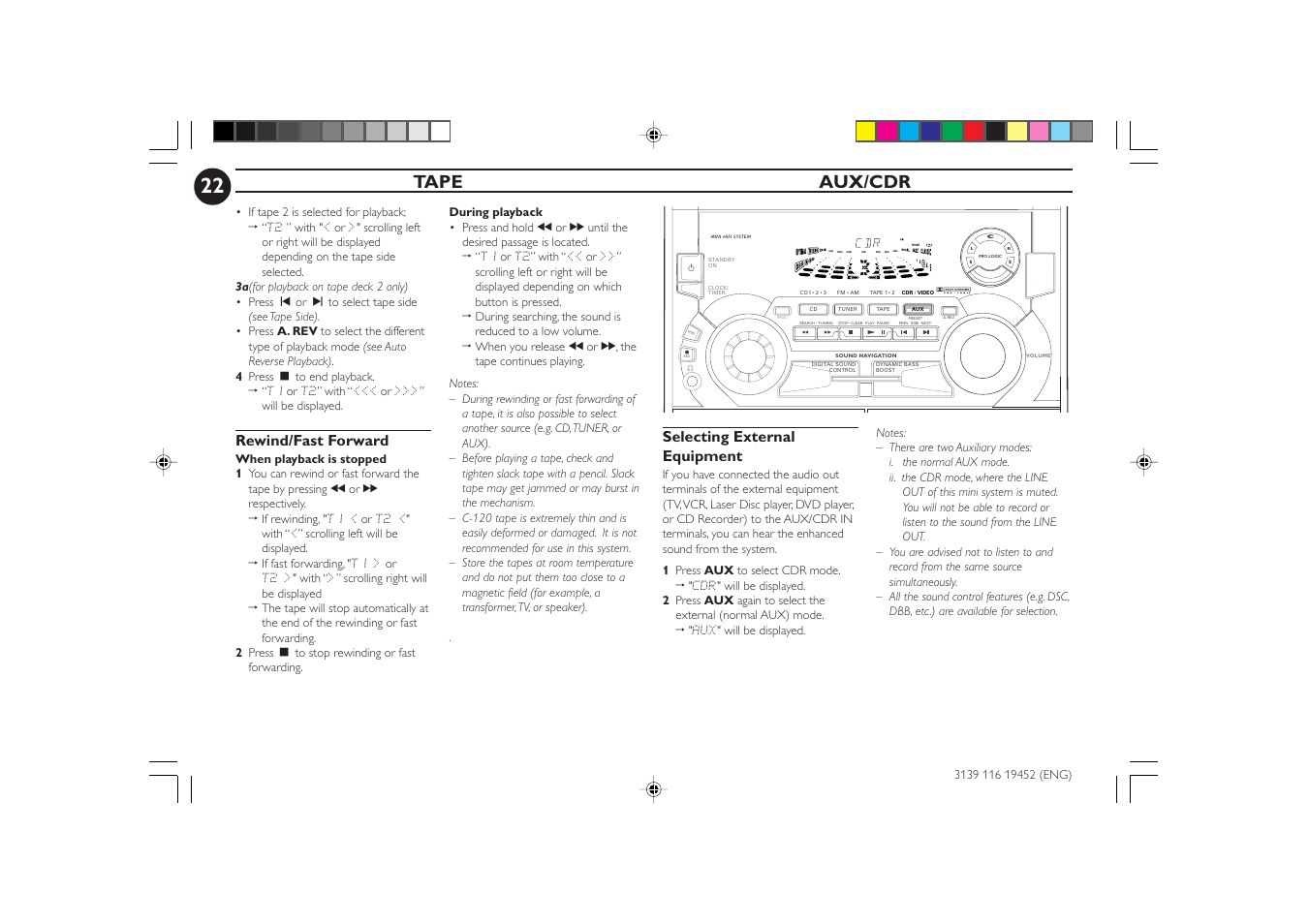 Tape aux/cdr, Selecting external equipment, Rewind/fast forward | Philips FW-P78 User Manual | Page 22 / 31