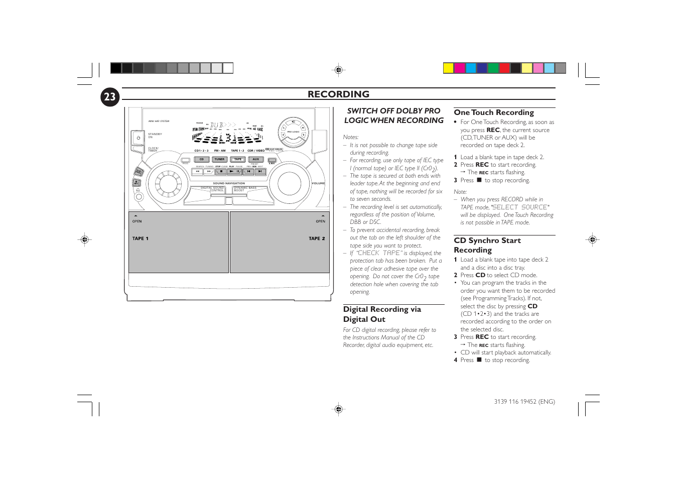 Recording, Switch off dolby pro logic when recording, Digital recording via digital out | One touch recording, Cd synchro start recording | Philips FW-P78 User Manual | Page 23 / 31